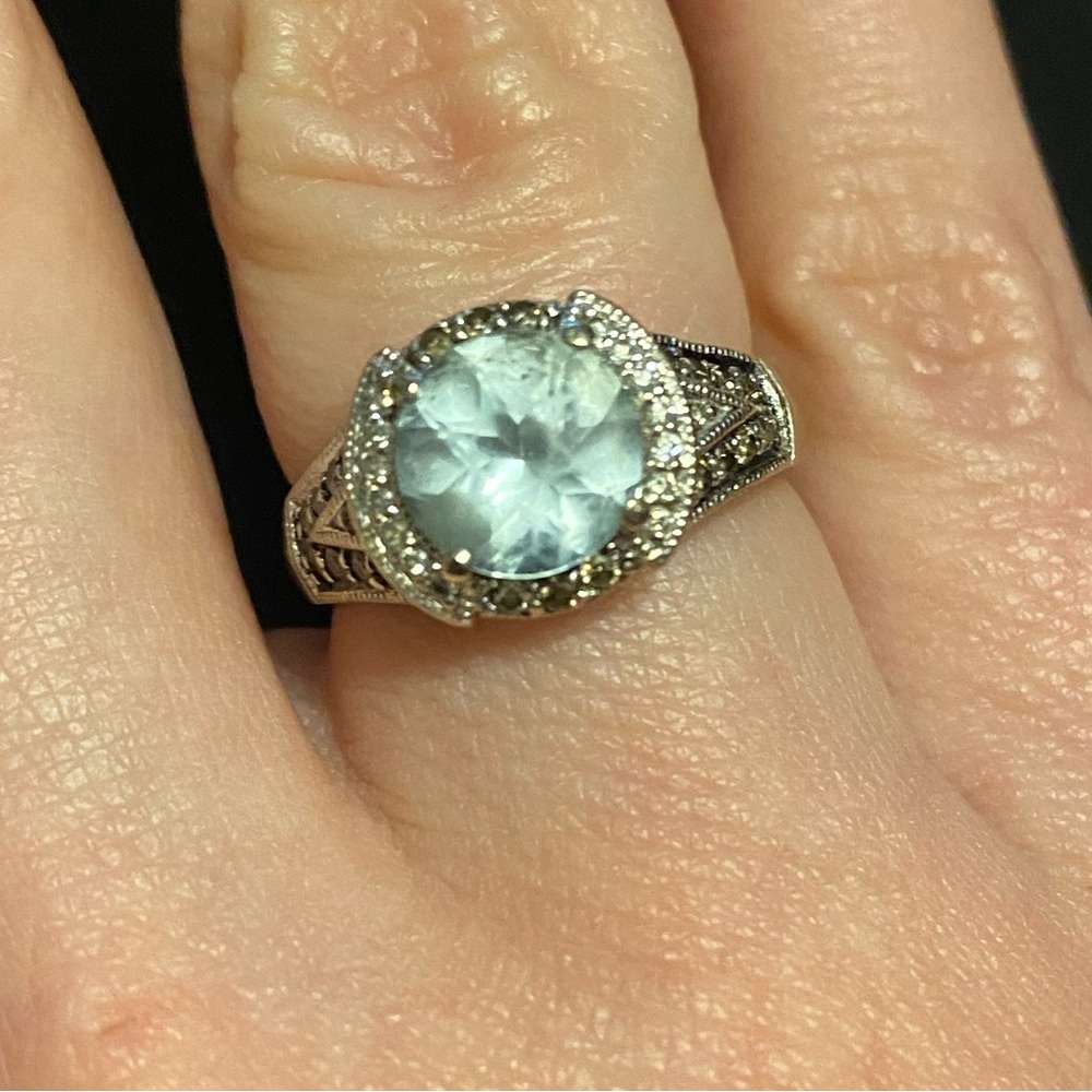 LeVian Aquamarine Ring 14kt White Gold Chocolate Diamonds 6.5